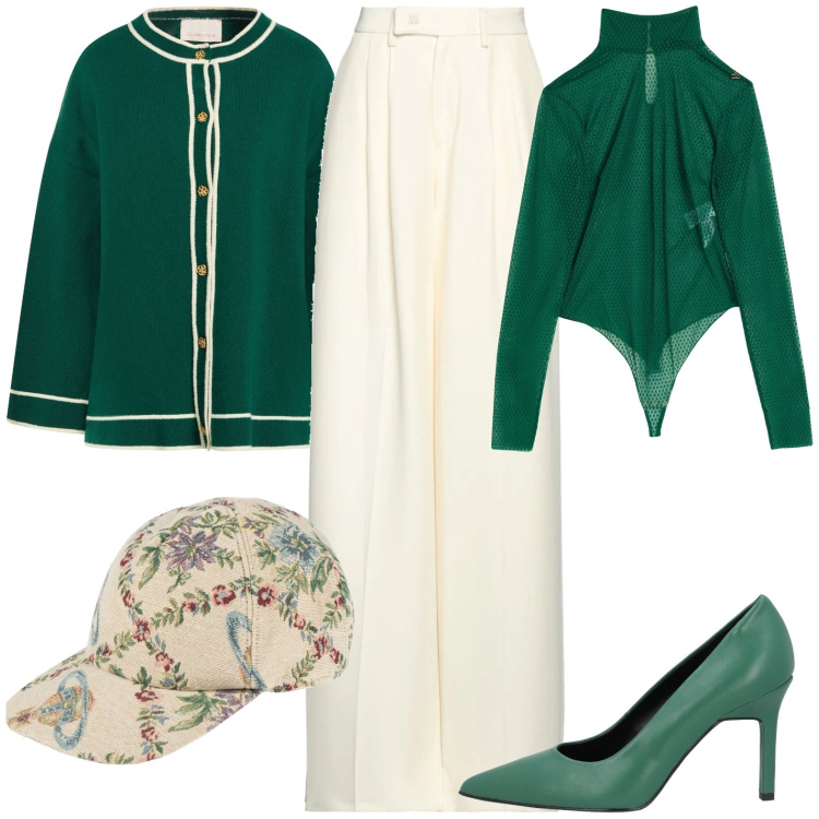 Outfit donna - Verde style. per Tutti i giorni. Abbinamento con body, décolleté, cappelli con visiera, cardigans, pantaloni.