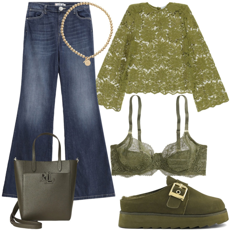 Outfit donna - Verde bosco in pizzo. Stile Chic per Serata fuori. Abbinamento con jeans a zampa, maglieria, collane, reggiseni, borse tote, sabot.