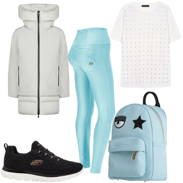 Outfit donna - Un nuovo anno, un nuovo stile : sportiva. Stile Basic per Sport. Abbinamento con sneakers, zaini, pantaloni skinny, piumini, t-shirt.
