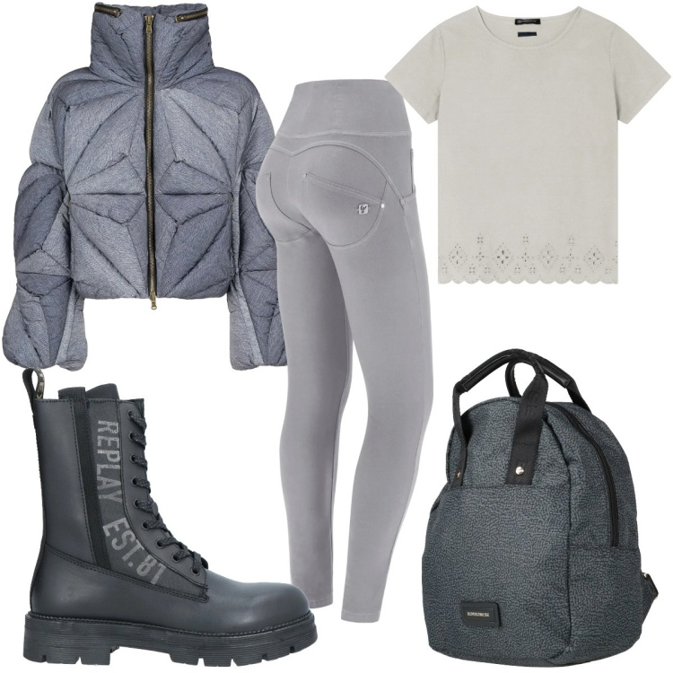 Outfit donna - Un nuovo anno un nuovo stile : in grigio. Stile Trendy per Tutti i giorni. Abbinamento con zaini, anfibi, pantaloni skinny, t-shirt, piumini.