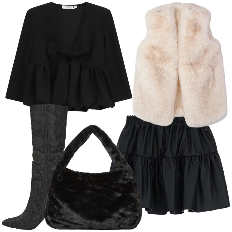 Outfit donna - Please blusa e gonna. Stile Glamour per Serata fuori. Abbinamento con stivali, piumini, minigonne, top, borse a spalla.