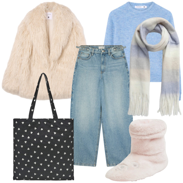 Outfit donna - Sofficiosa Terranova. Stile Casual chic per Tutti i giorni. Abbinamento con maglieria, borse tote, sciarpe, jeans, pantofole, ecopellicce.