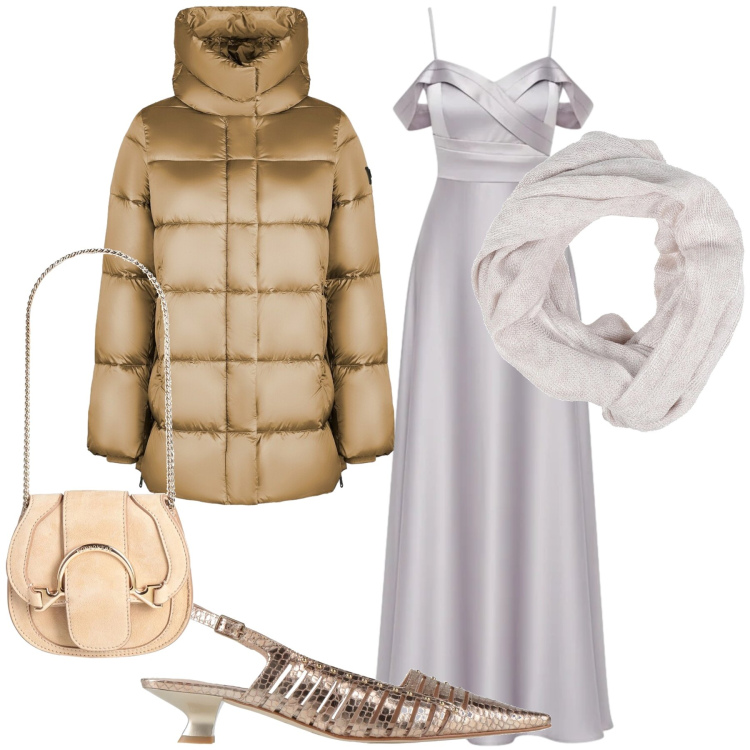 Outfit donna - Argento e oro insieme. Stile Glamour per Cerimonia. Abbinamento con marsupi, décolleté, sciarpe, vestiti lunghi, piumini.