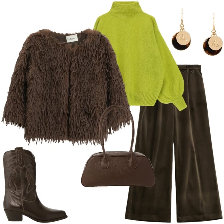 Outfit donna - Saldi Dixie. Stile Sporty chic per Tutti i giorni. Abbinamento con orecchini, pantaloni a palazzo, stivali, blazer, borse a mano, maglieria.