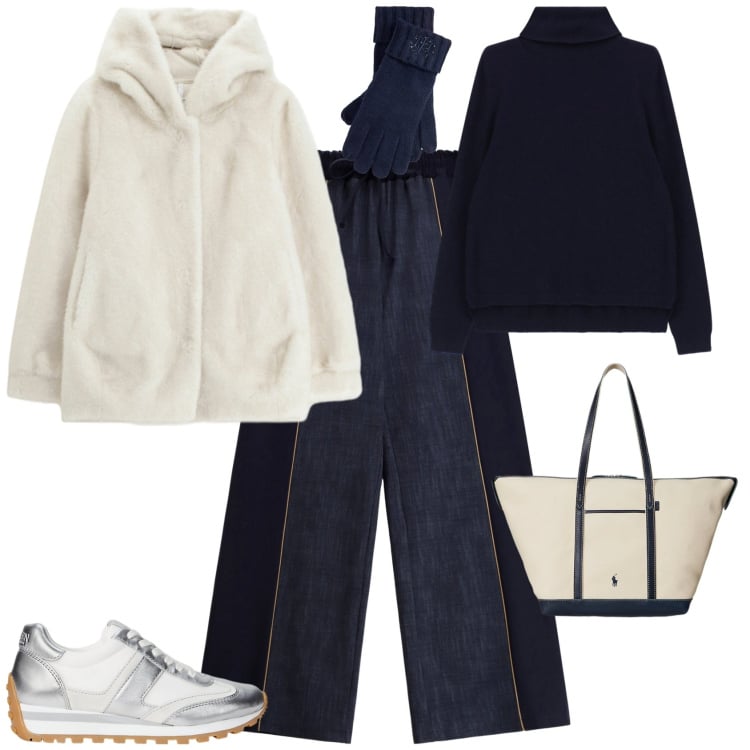 Outfit donna - Sporty chic bianco e blu. Stile Sporty chic per Tutti i giorni. Abbinamento con ecopellicce, pantaloni a palazzo, maglieria, sneakers, borse tote, guanti.