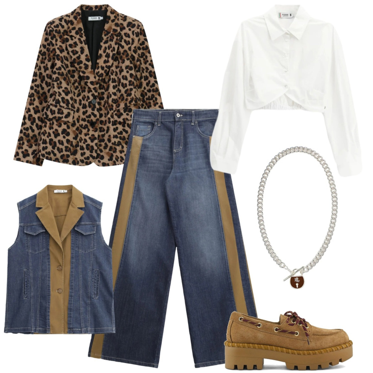 Outfit donna - Saldi Please: denim, il protagonista. Stile Trendy per Tutti i giorni. Abbinamento con blazer, jeans a zampa, gilet, camicie, ciondoli, mocassini.