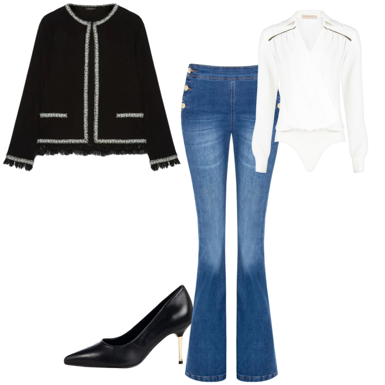 Outfit donna - Chic in ufficio. Stile Chic per Ufficio. Abbinamento con jeans a zampa, bluse, décolleté, cardigans.