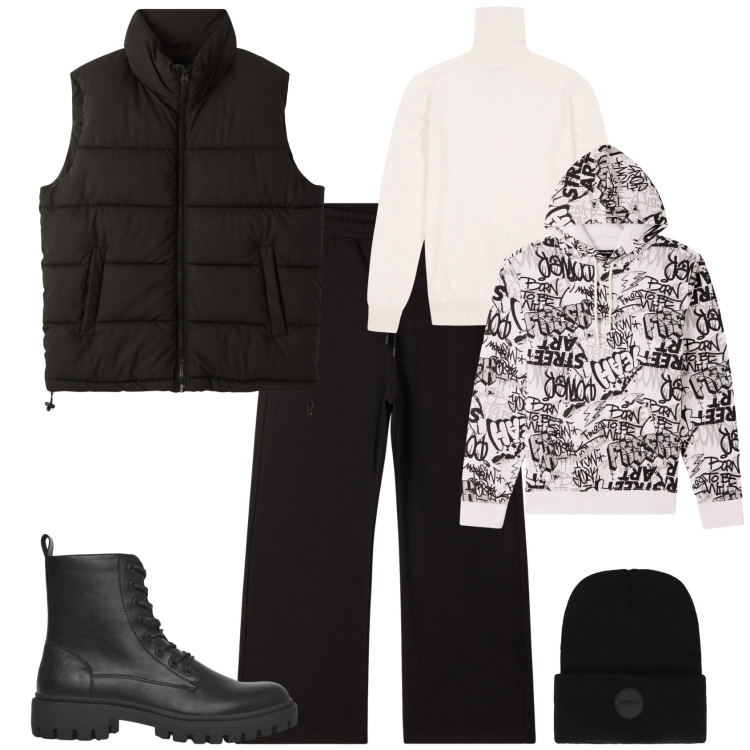 Outfit uomo - Urban ogni giorno bianco e nero. Stile Urban per Tutti i giorni. Abbinamento con anfibi, felpe con cappuccio, piumini, pantaloni, berretti, maglieria.