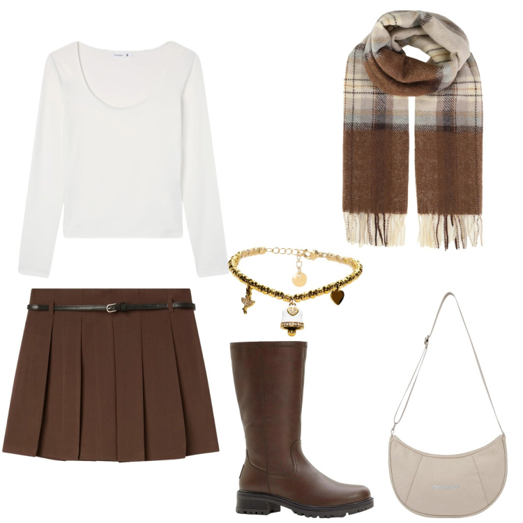 Outfit donna - Brown outfit. Stile Casual per Tutti i giorni. Abbinamento con borse a spalla, braccialetti, sciarpe, minigonne, t-shirt, stivali.
