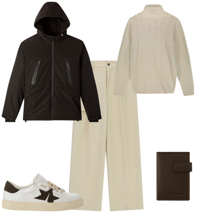 Outfit uomo - Trendy bianco marrone week end. Stile Trendy per Tutti i giorni. Abbinamento con giacche, pantaloni cargo, portafogli, sneakers, maglieria.