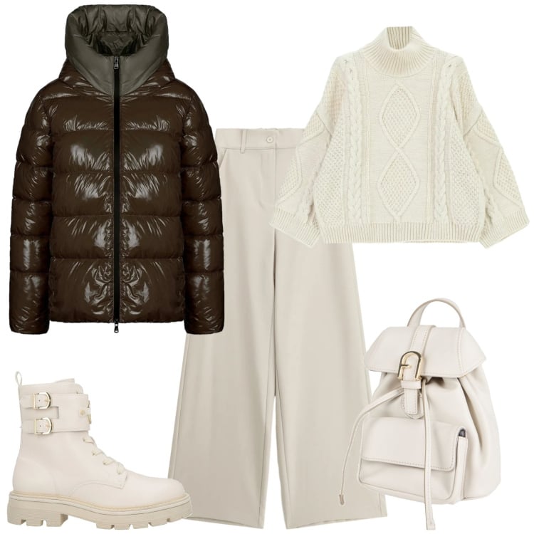 Outfit donna - Sporty chic bianco marrone. Stile Sporty chic per Tutti i giorni. Abbinamento con anfibi, zaini, maglieria, pantaloni a palazzo, piumini.