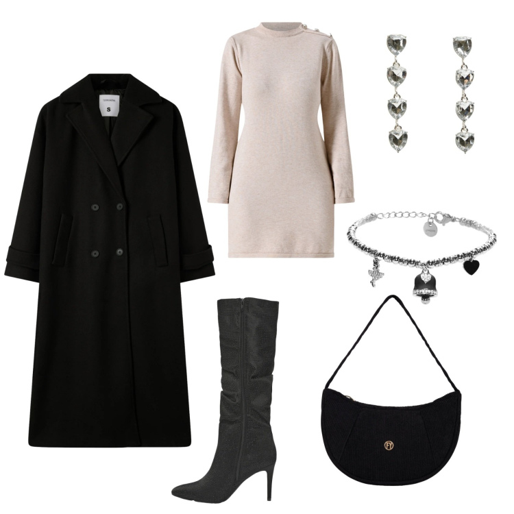 Outfit donna - Casual chic. Stile Casual chic per Serata fuori. Abbinamento con orecchini, stivali, cappotti, braccialetti, borse a mano, vestiti corti.