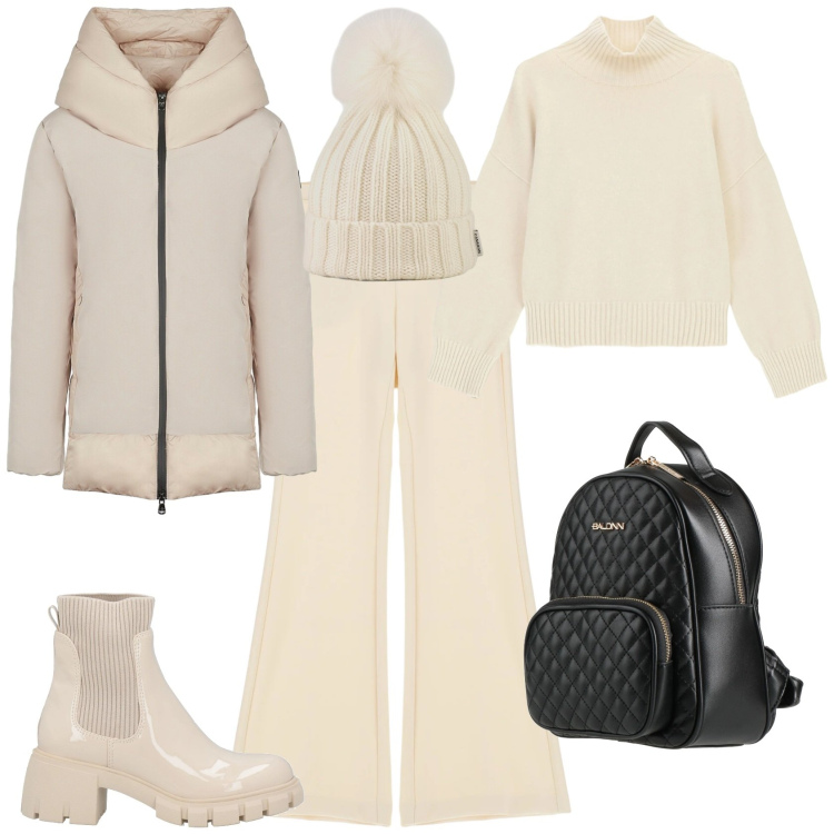 Outfit donna - Sporty chic bianco colore pantone 2026. Stile Sporty chic per Tutti i giorni. Abbinamento con zaini, stivaletti, pantaloni, maglieria, piumini, berretti.