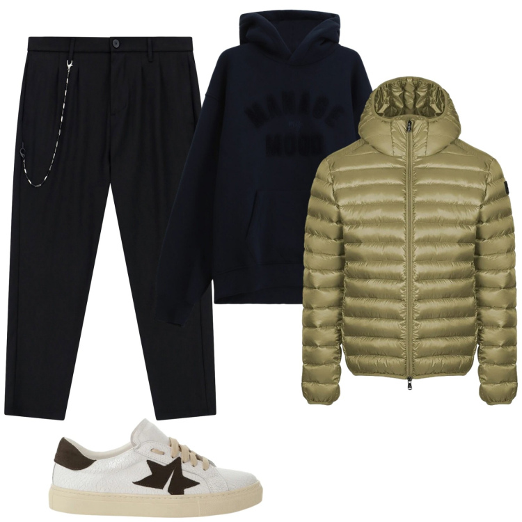 Outfit uomo - La sneakers bianca. Stile Trendy per Tutti i giorni. Abbinamento con pantaloni, felpe con cappuccio, sneakers, bomber.