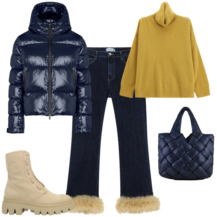 Outfit donna - Sporty chic scuola. Stile Sporty chic per Scuola/Università. Abbinamento con stivaletti, pantaloni, maglieria, borse tote, piumini.