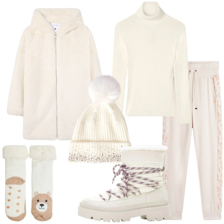 Outfit donna - Tonalità panna e burro settimana bianca. Stile Casual per Tutti i giorni. Abbinamento con stivali da neve, cappotti, maglieria, berretti, calzini, pantaloni.