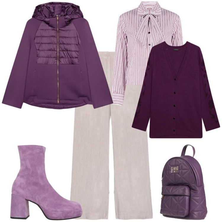 Outfit donna - Trendy in ufficio. Stile Trendy per Ufficio. Abbinamento con zaini, stivaletti, camicie, piumini, pantaloni, cardigans.