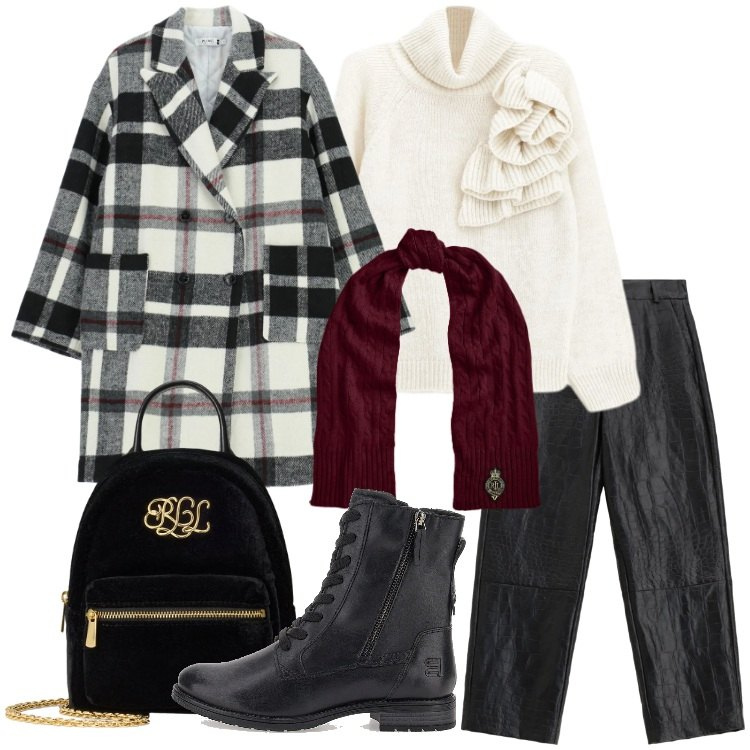 Outfit donna - Please - Saldi FW 2025. Stile Urban per Tutti i giorni. Abbinamento con pantaloni, cappotti, maglieria, borse a tracolla, sciarpe, anfibi.