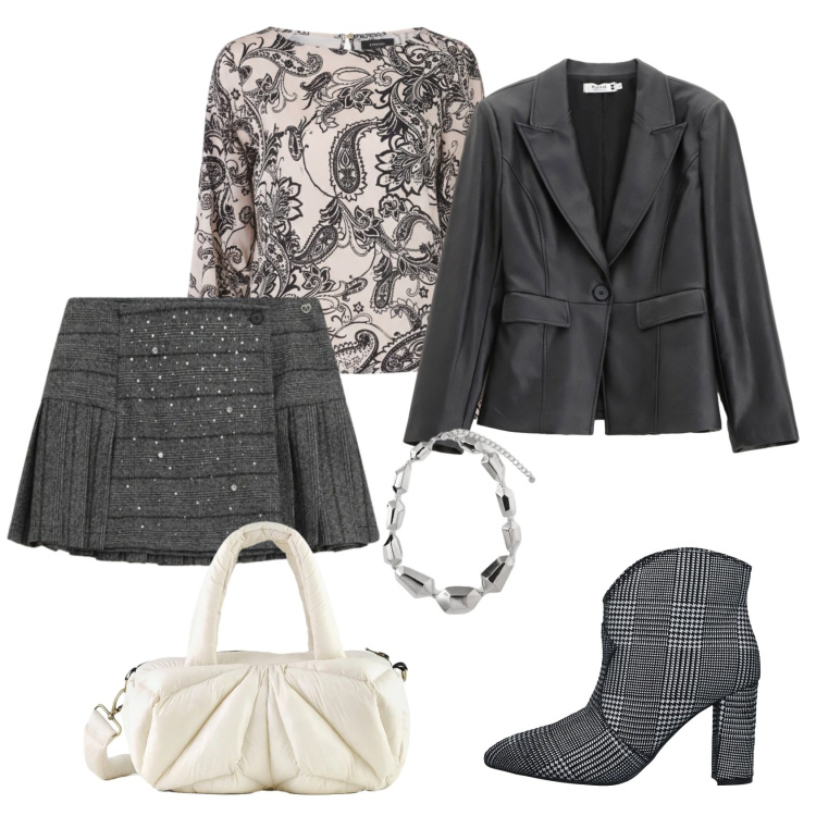 Outfit donna - Total look #2313950. Stile Chic per Serata fuori. Abbinamento con stivaletti, minigonne, blazer, bluse, borse a mano, ciondoli.