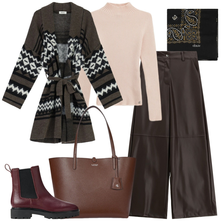 Outfit donna - Dixie - Saldi FW 2025. Stile Urban per Tutti i giorni. Abbinamento con pantaloni a palazzo, cappotti, foulard, maglieria, borse tote, stivaletti chelsea.