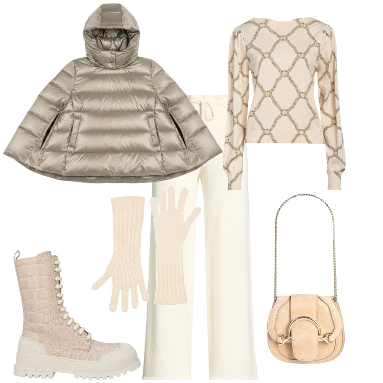 Outfit donna - Fashion evento speciale. Stile Sporty chic per Tutti i giorni. Abbinamento con marsupi, pullovers, guanti, anfibi, pantaloni, piumini.