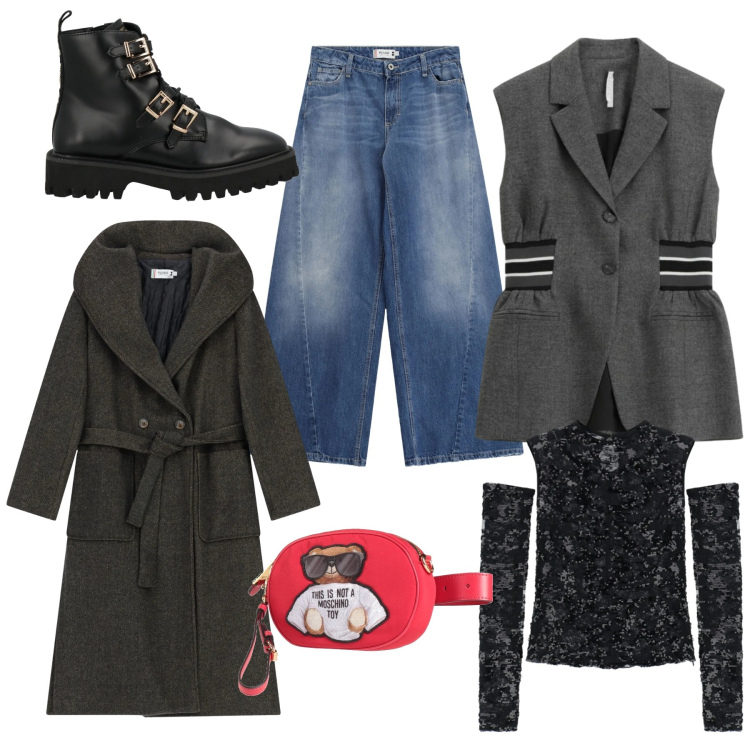 Outfit donna - Tempo libero con stile. Stile Casual chic per Tutti i giorni. Abbinamento con marsupi, anfibi, jeans, cappotti, top, gilet.
