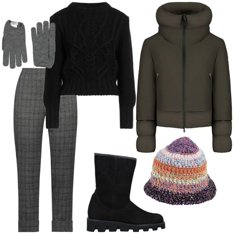 Outfit donna - Confortevole. per Ufficio. Abbinamento con cappelli, pantaloni, pullovers, stivaletti, guanti, piumini.