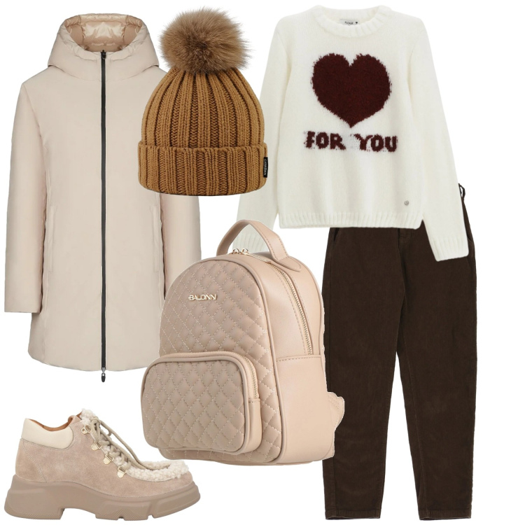 Outfit donna - Confortevole con la neve. per Tutti i giorni. Abbinamento con stivaletti, zaini, pullovers, pantaloni chino, piumini, berretti.