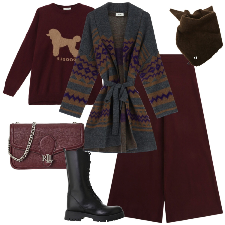 Outfit donna - Dixie - Saldi FW 2025. Stile Urban per Tutti i giorni. Abbinamento con clutch, pantaloni a palazzo, cappotti, maglieria, foulard, stivali.