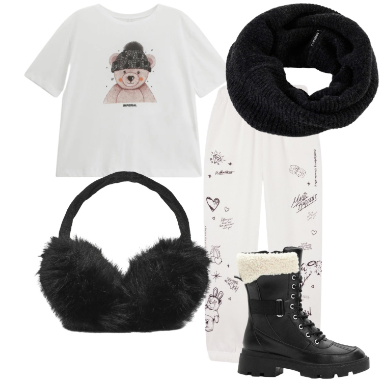 Outfit donna - Tenero look. Stile Trendy per Tutti i giorni. Abbinamento con anfibi, pantaloni, cappelli, t-shirt, scaldacollo.