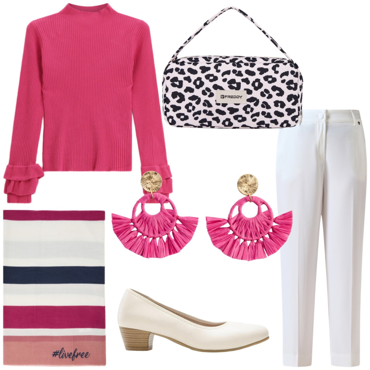 Outfit donna - Chic per il ritorno alla normalità. Stile Urban per Ufficio. Abbinamento con décolleté, orecchini, maglieria, borse a spalla, pantaloni, sciarpe.