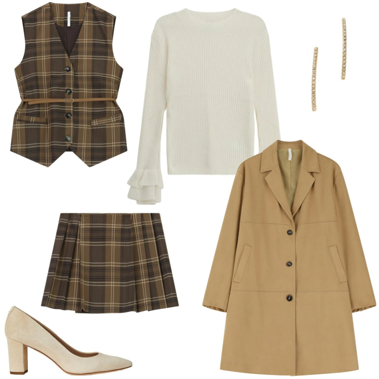 Outfit donna - Saldi Imperial FW2025. Stile Preppy per Tutti i giorni. Abbinamento con cappotti, maglieria, gilet, minigonne, orecchini, décolleté.
