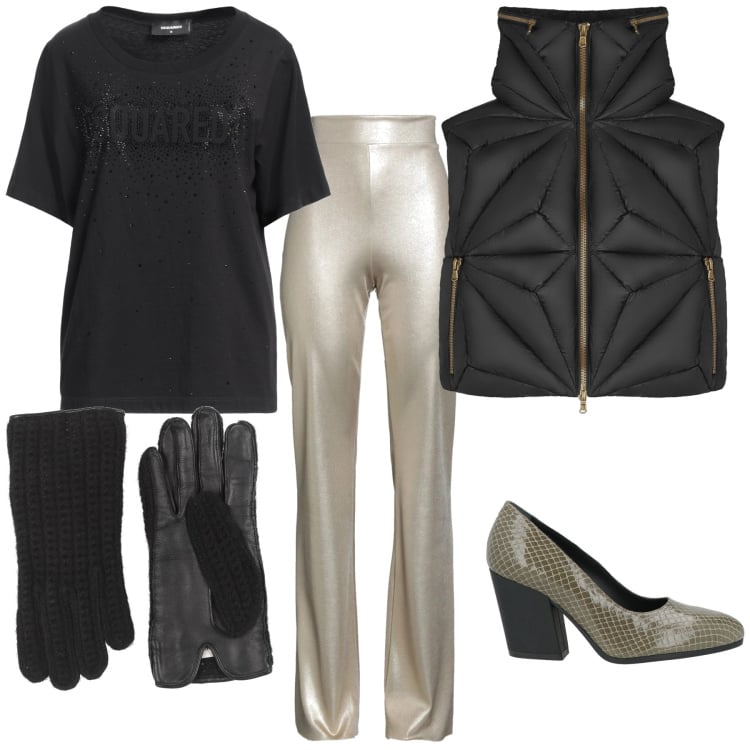 Outfit donna - Wow che look. Stile Trendy per Ufficio. Abbinamento con t-shirt, décolleté, leggings, guanti, piumini.