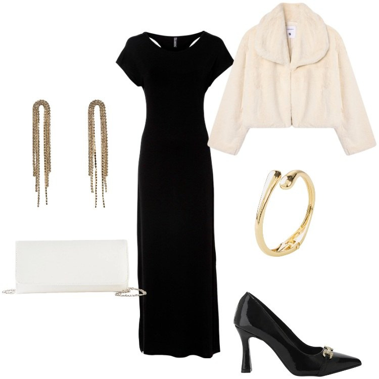 Outfit donna - Triangolo "A". Stile Bon Ton per Serata fuori. Abbinamento con vestiti, braccialetti, pochette, décolleté, ecopellicce, orecchini.