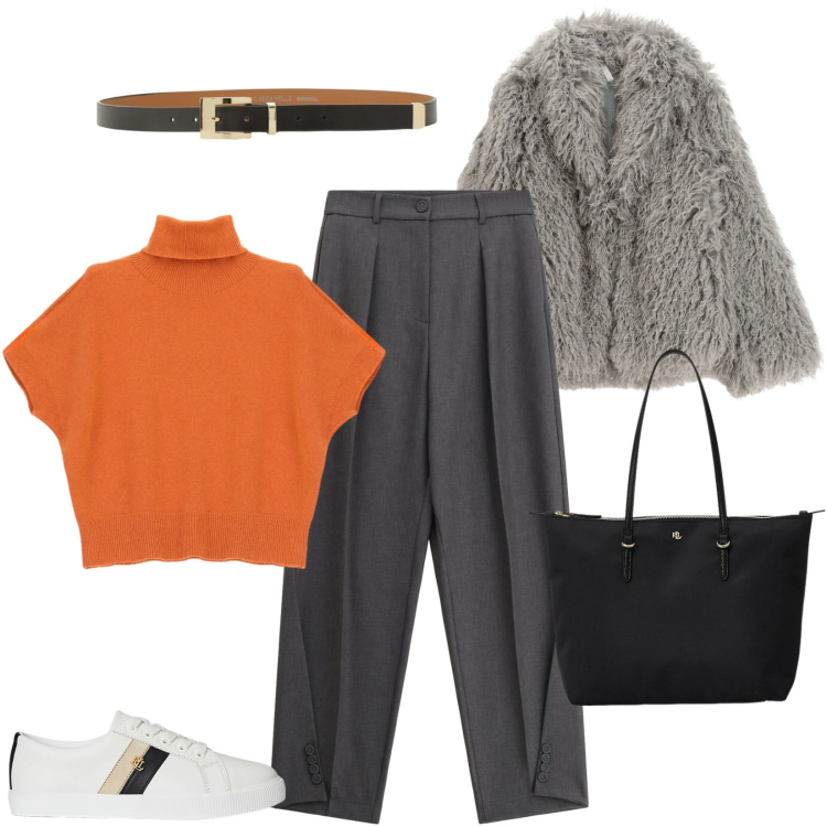 Outfit donna - Saldi Imperial FW 2025. Stile Sporty chic per Ufficio. Abbinamento con pantaloni, maglieria, cinture, ecopellicce, sneakers, borse tote.
