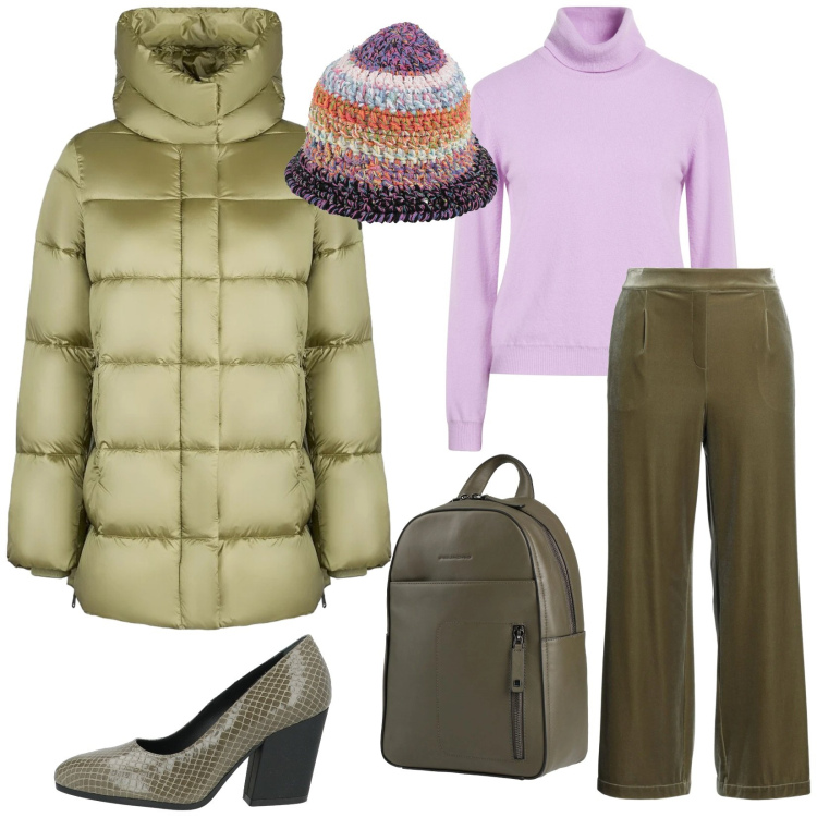 Outfit donna - Total look #2314002. Stile Casual chic per Tutti i giorni. Abbinamento con zaini, cappelli, pantaloni, décolleté, maglieria, piumini.