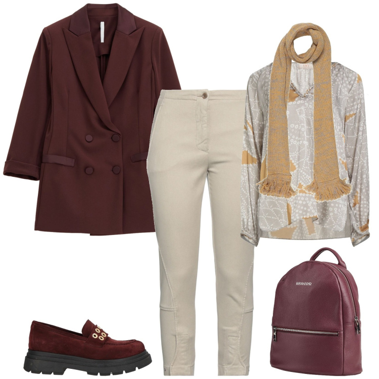 Outfit donna - City. Stile Urban per Tutti i giorni. Abbinamento con sciarpe, jeans slim fit, mocassini, top, zaini, blazer.