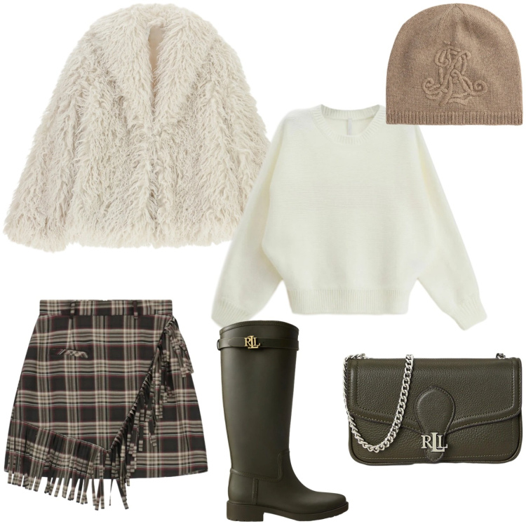 Outfit donna - Saldi Imperial FW 2025. Stile Preppy per Tutti i giorni. Abbinamento con minigonne, maglieria, ecopellicce, clutch, stivali di gomma, berretti.