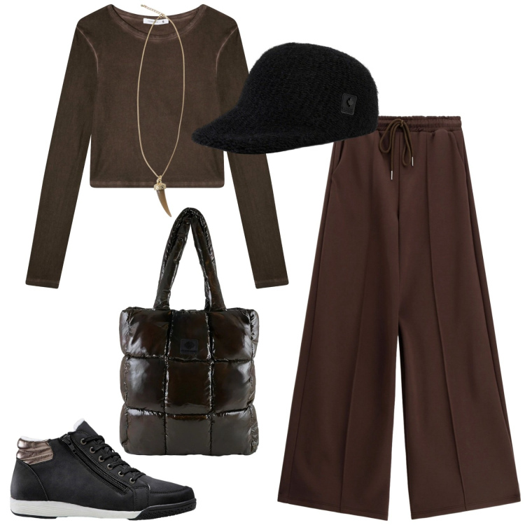 Outfit donna - Total look #2314012. Stile Sporty chic per Tutti i giorni. Abbinamento con sneakers alte, t-shirt, collane, pantaloni a palazzo, shopping bag, cappelli con visiera.