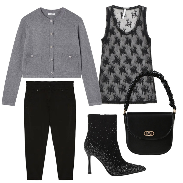 Outfit donna - Serata fuori. Stile Casual chic per Serata fuori. Abbinamento con cardigans, canottiere, stivaletti, borse a mano, pantaloni.