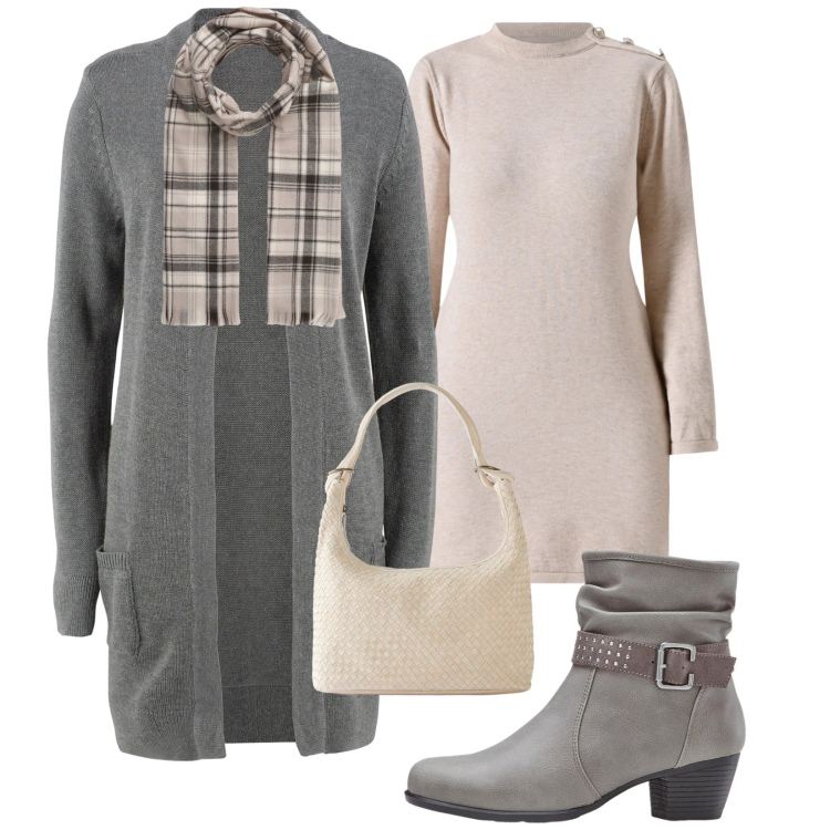 Outfit donna - Total look #2314022. Stile Casual chic per Tutti i giorni. Abbinamento con cardigans, stivaletti, shopping bag, sciarpe, vestiti corti.