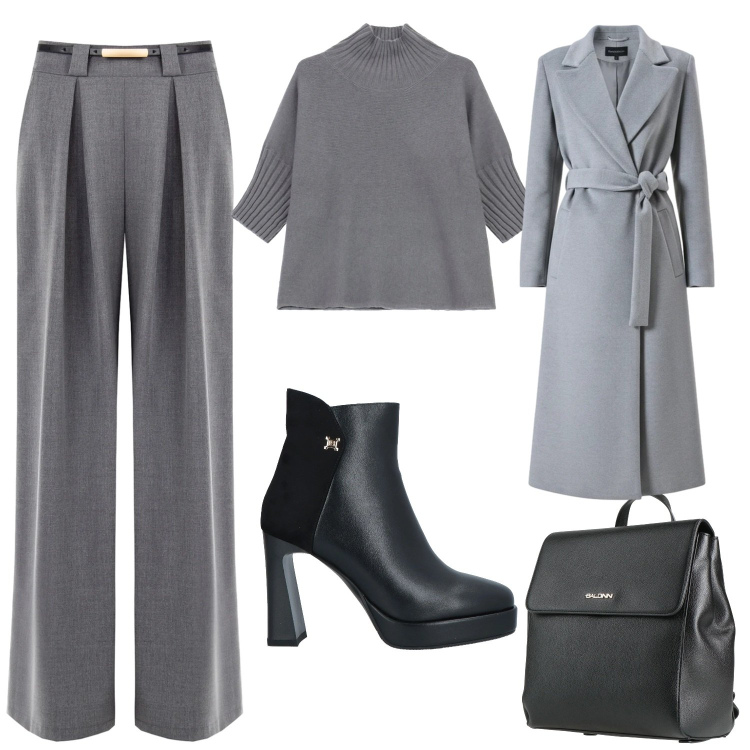 Outfit donna - Shades of grey. Stile Bon Ton per Serata fuori. Abbinamento con zaini, stivaletti, maglieria, pantaloni a palazzo, cappotti.