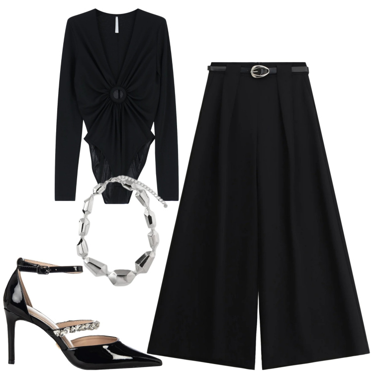 Outfit donna - Serata. Stile Minimal per Serata fuori. Abbinamento con bluse, pantaloni a palazzo, décolleté, ciondoli.