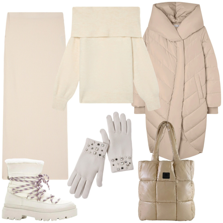 Outfit donna - Panna e burro. Stile Casual chic per Tutti i giorni. Abbinamento con stivali da neve, cappotti, gonne lunghe, maglieria, shopping bag, guanti.