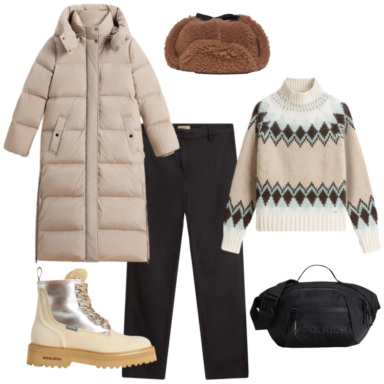 Outfit donna - Mountain Style by Wooolrich. Stile Trendy per Sport. Abbinamento con parka, maglieria, borse a tracolla, pantaloni, anfibi, cappelli.