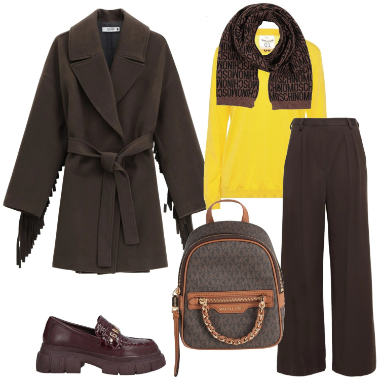 Outfit donna - Total look #2314058. Stile Chic per Tutti i giorni. Abbinamento con pullovers, zaini, pantaloni, mocassini, sciarpe, cappotti.