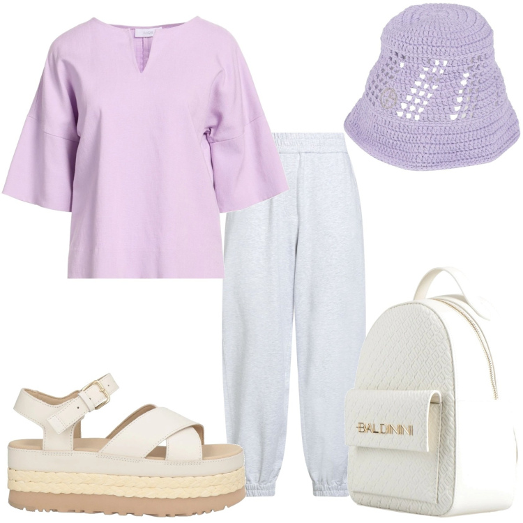 Outfit donna - Al ristorante del mare. Stile Casual per Tutti i giorni. Abbinamento con cappelli, top, sandali in pelle, zaini, pantaloni.