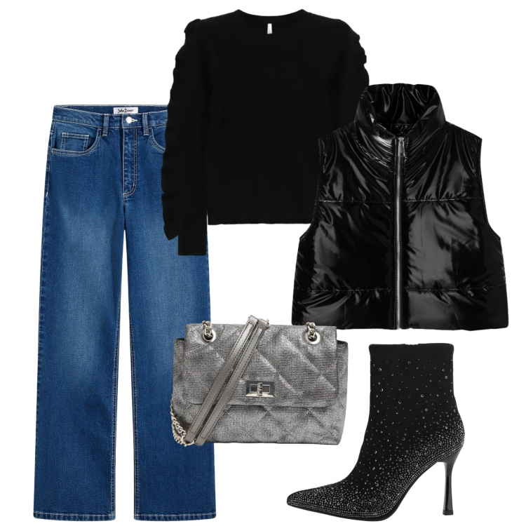 Outfit donna - Gennaio ultima festa. Stile Casual chic per Tutti i giorni. Abbinamento con jeans, piumini, borse a tracolla, stivaletti, maglieria.