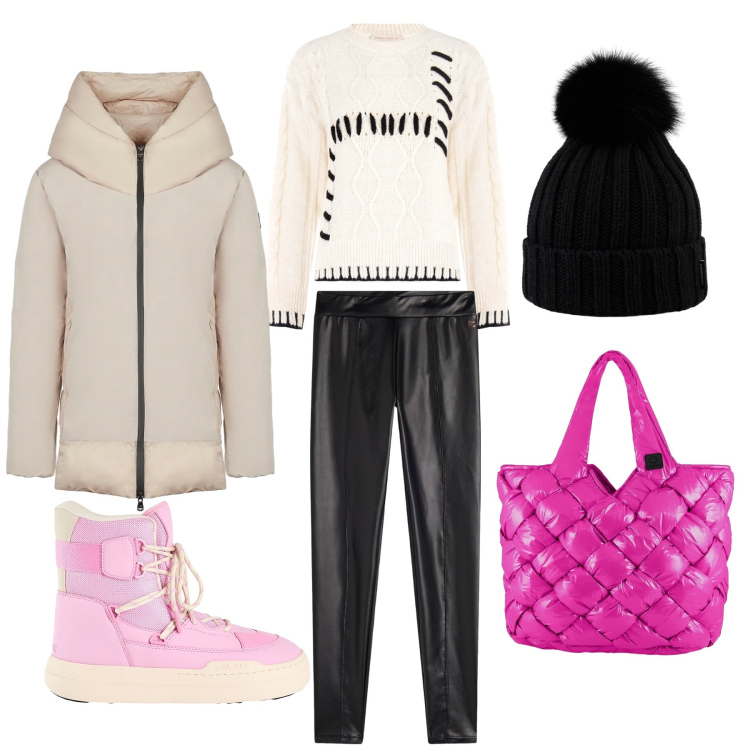Outfit donna - In montagna con stile. Stile Glamour per Tutti i giorni. Abbinamento con stivali da neve, treggings, piumini, borse tote, berretti, maglieria.