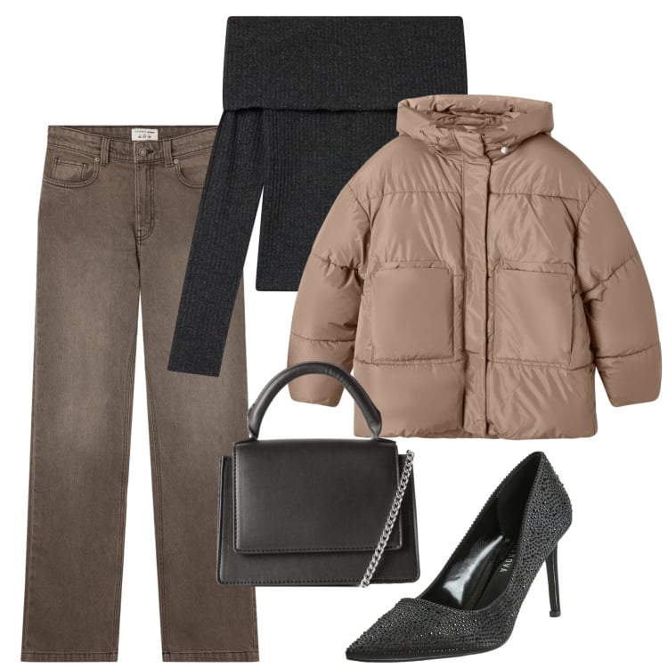 Outfit donna - Gennaio. Stile Casual chic per Serata fuori. Abbinamento con jeans bootcut, maglieria, bomber, décolleté, borse a tracolla.